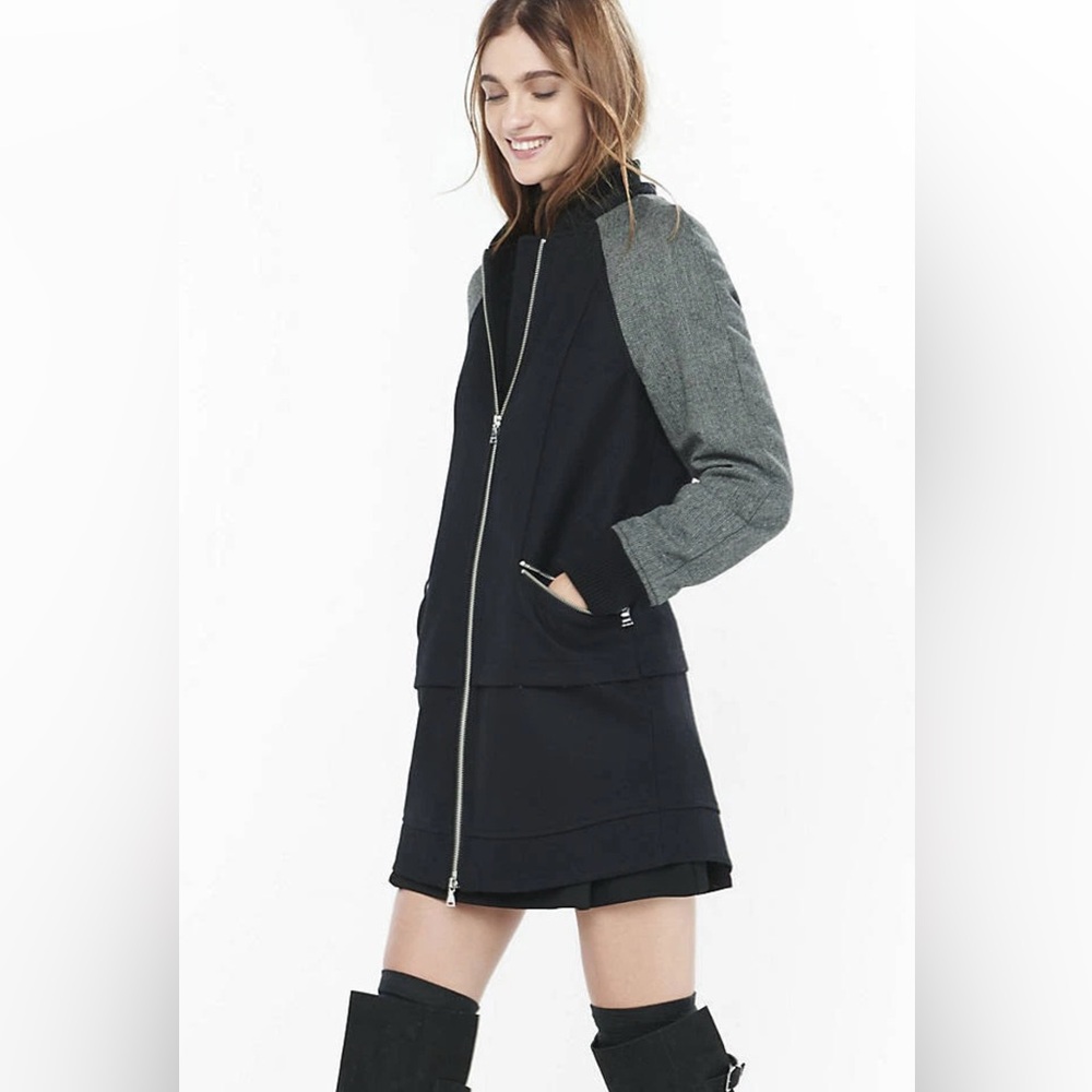Express Black & Herringbone Varsity Hooded Lined Jacket Coat Zipper Womens XS - Picture 4 of 7
